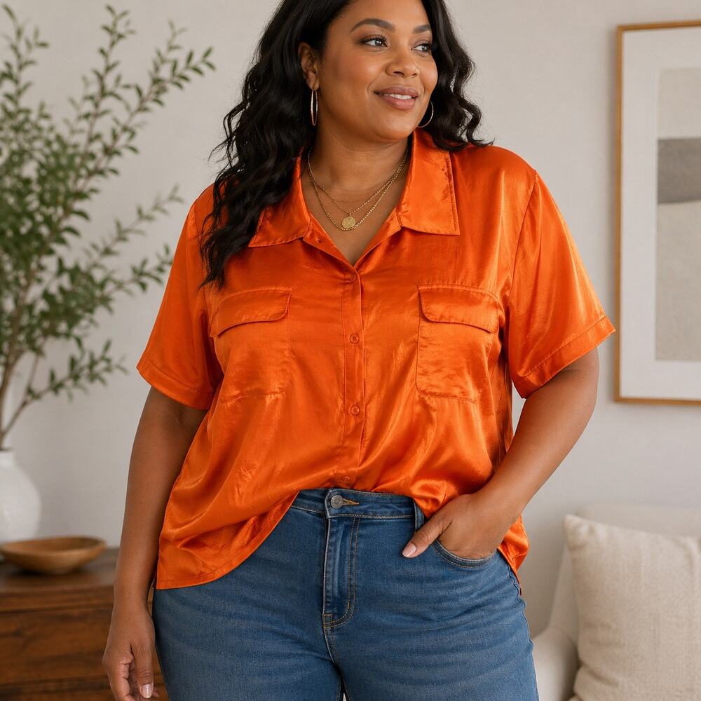Ashley Stewart Orange Silk Button Front Blouse Short Sleeve Sz 22/24